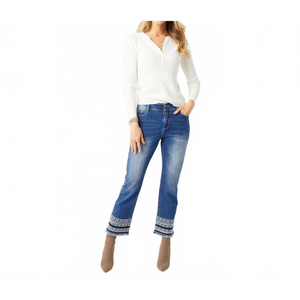NEW COCO + CARMEN omg zoey zip bootcut jeans with embroidered bottom in blue